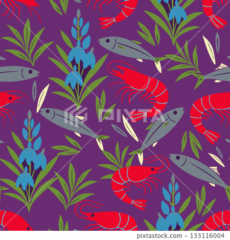 Vibrant seamless pattern with red shrimps, Anchovies fish and blue flowers on a purple background. Perfect for textiles, packaging, and ocean-themed designs. Vibrant seamless pattern with red shrimps, Anchovies fish and blue flowers on a purple background. Perfect for textiles, packaging, and ocean-themed designs. 133116004