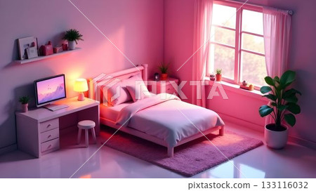 Interior in neon light, the bedroom computer and workplace Interior in neon light, the bedroom computer and workplace 133116032