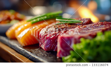 Slices of raw meat with herbs and vegetables arranged on a table for cooking 133116074