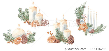 Christmas Advent Candle compositions set with fir branches, pine cones, winter berries, dry orange slices and toys. Watercolor illustration isolated on white background. For Cards and Prints, festive Christmas Advent Candle compositions set with fir branches, pine cones, winter berries, dry orange slices and toys. Watercolor illustration isolated on white background. For Cards and Prints, festive 133116296