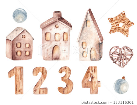 Set of Christmas, Advent Decoration. Ceramic Light Houses, Lanterns, wooden numbers and Christmas tree toys. Watercolor hand drawn illustrations isolated on white background. Clip art for cards 133116301