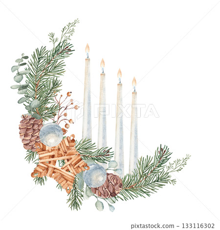 Christmas Advent Wreath with Winter plants, handmade wooden Toy and burning Candles. Fourth Advent. Hand drawn Illustration in realistic style isolated on white background. For Cards, Invitations and 133116302