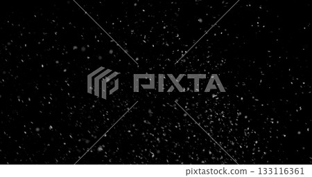 Falling snowflakes isolated on black background. Winter snow overlay texture for VFX, compositing, motion graphics and atmospheric effects 133116361