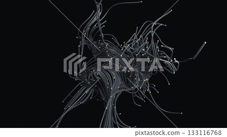 Metallic wire visualization, Elegant complex data display, Scientific visualization with glowing filaments, Technological scene featuring shimmering wires and subtle motion effects 133116768