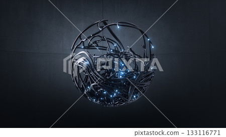 Detailed wiring system surrounds tiny data center emitting luminous blue pulses 133116771