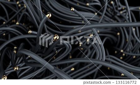Chaotic tech visuals, Intricate network design featuring contrasting textures and hues, Complex web of dark cords accented by shimmering gold details and vibrant highlights 133116772