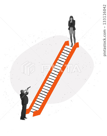 Creative poster of businesswoman standing atop bold ladder as businessman observes from below 133116842