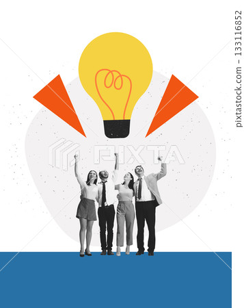 Vibrant composition of cheering team under giant glowing lightbulb 133116852