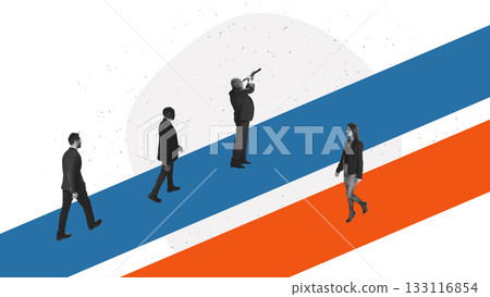 Minimal collage of professionals walking forward on bold diagonal paths Minimal collage of professionals walking forward on bold diagonal paths 133116854