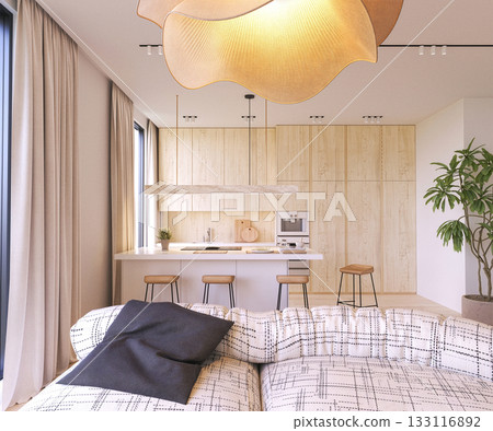 Modern cozy kitchen and lounge with warm lighting Modern cozy kitchen and lounge with warm lighting 133116892