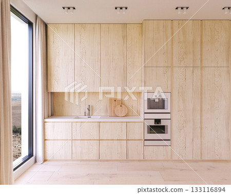 Bright minimalist kitchen with seamless wood cabinets Bright minimalist kitchen with seamless wood cabinets 133116894