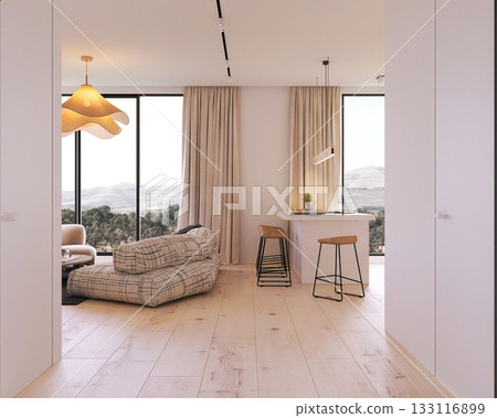 Bright open living space with minimalist design 133116899