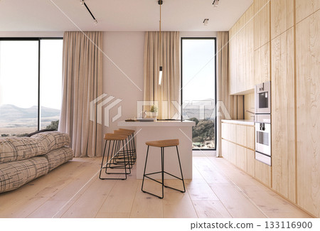 Bright minimalist kitchen with panoramic windows Bright minimalist kitchen with panoramic windows 133116900