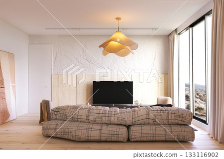 Cozy modern living room with large windows 133116902