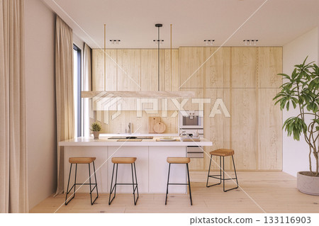 Minimalist natural wood kitchen with island seating 133116903