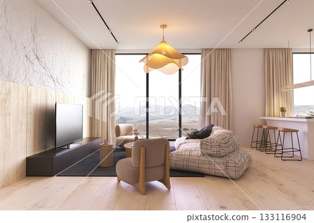 Bright modern living room with panoramic view 133116904