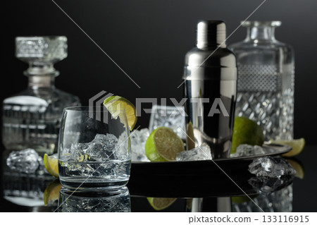 Vodka or gin in a glass with ice. Vodka or gin in a glass with ice. 133116915