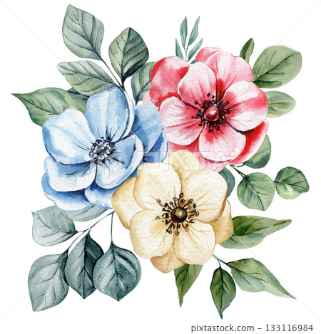 Floral bouquet with blue pink and cream blossoms and green leaves handpainted botanical illustration for spring decor design Floral bouquet with blue pink and cream blossoms and green leaves handpainted botanical illustration for spring decor design 133116984