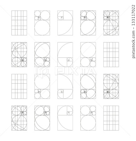 Golden ratio template big set. Fibonacci array, numbers form. Method golden section samples. Golden Spiral. Harmony proportions simple black frames. Outline graphic thin printable flat illustration. 133117022