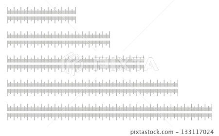 Metrics indicators cm. Chart 10, 15, 20, 25, 30 centimeters. Scales for ruler in centimeters. Metric ruler icons. Length, height, distance, sewing, measuring tools. Set of measuring scale templates. 133117024