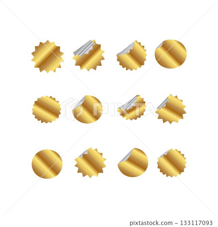 gold silver White tags paper round stickers with peeling corner and shadow rounded plastic mockup sticker mockup 133117093