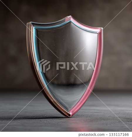 Metallic shield with sleek design featuring reflective surface and glowing edges in blue and pink, placed on textured surface 133117166