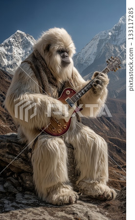 yeti bigfoot playing guitar on Himalaya mountain background 133117285