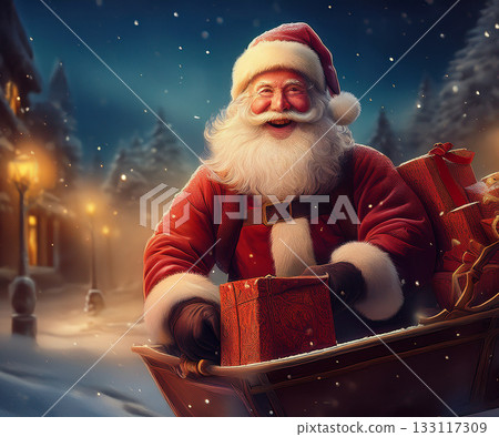 Santa claus delivering christmas gifts from sleigh at night Santa claus delivering christmas gifts from sleigh at night 133117309