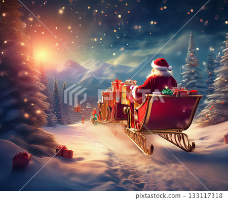 Santa claus riding sleigh distributing gifts christmas eve Santa claus riding sleigh distributing gifts christmas eve 133117318