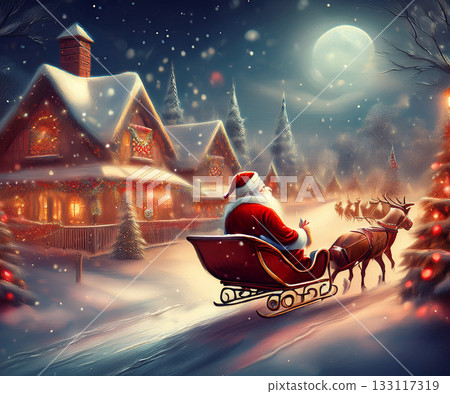 Santa claus riding sleigh with reindeer on christmas night Santa claus riding sleigh with reindeer on christmas night 133117319