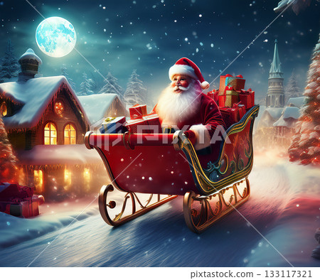 Santa claus delivering christmas gifts in winter village night Santa claus delivering christmas gifts in winter village night 133117321
