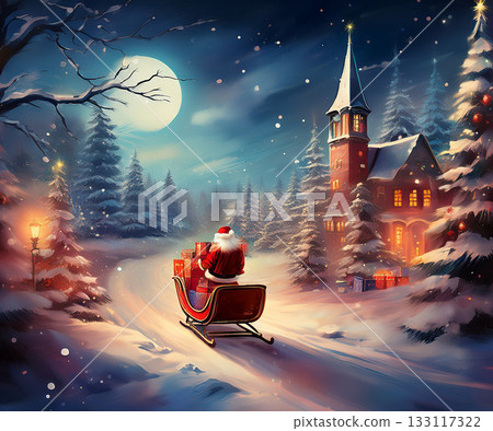 Santa claus delivering christmas gifts on a snowy night Santa claus delivering christmas gifts on a snowy night 133117322