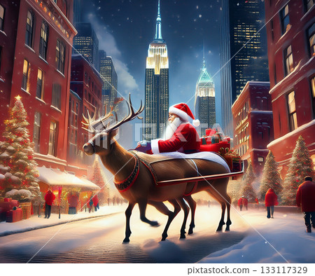 Santa claus riding reindeer sleigh in new york city Santa claus riding reindeer sleigh in new york city 133117329