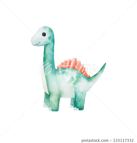 Cute dinosaur. Watercolor hand drawn prehistoric Spinosaurus, Brachiosaurus animal. Isolated illustration on transparent background. Perfect for for nursery and baby shower, tropical design projects 133117332