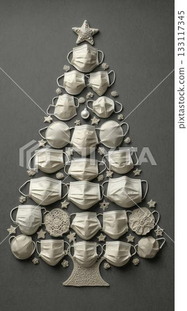 Creative holiday tree made of white masks arranged in a festive shape with stars and ornaments, medical congratulations Creative holiday tree made of white masks arranged in a festive shape with stars and ornaments, medical congratulations 133117345
