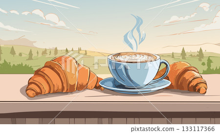 Coffee croissants breakfast enjoying tranquil countryside morning 133117366