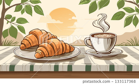 Morning breakfast with coffee and croissants outdoors Morning breakfast with coffee and croissants outdoors 133117368