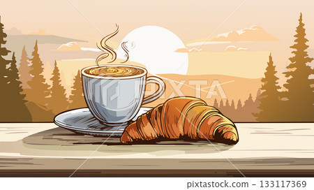 Coffee and croissant breakfast with mountain sunrise Coffee and croissant breakfast with mountain sunrise 133117369