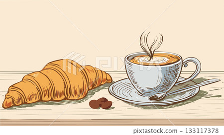 Croissant and steaming coffee cup breakfast 133117378
