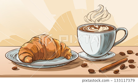 Croissant and steaming coffee with latte art breakfast 133117379