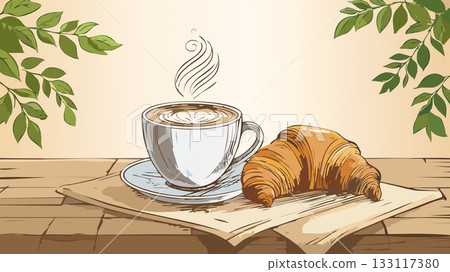 Coffee cup and croissant on wooden table Coffee cup and croissant on wooden table 133117380