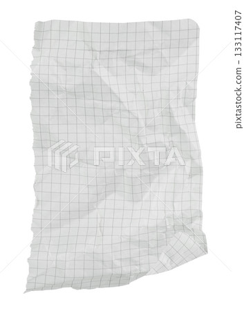 Crumpled squared notebook sheet isolated on transparent background. Wrinkled paper texture, perfect for design, mockups, and creative projects 133117407