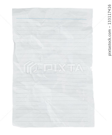 Crumpled sheet of notepad paper, isolated on transparent background. Office blank paper concept Crumpled sheet of notepad paper, isolated on transparent background. Office blank paper concept 133117416