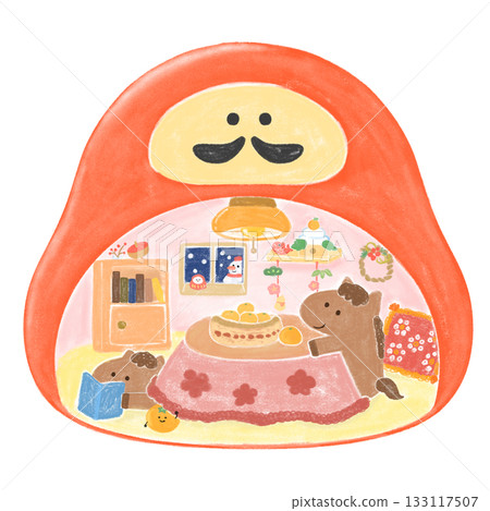 一匹可愛的馬兒在冬天坐在達摩屋裡的暖桌旁。 133117507