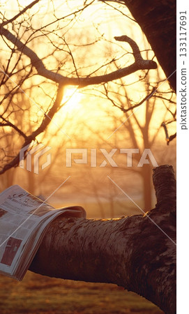 Serene Sunrise with Newspaper on Tree Branch 133117691