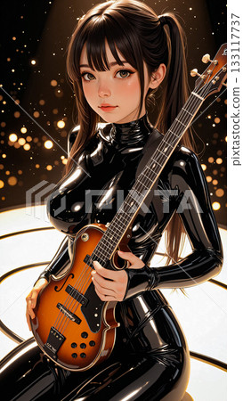 Captivating anime guitarist in glossy black suit. An anime-style female character is depicted in a glossy black suit. She holds an electric guitar with a sunburst finish, featuring intricate details l Captivating anime guitarist in glossy black suit. An anime-style female character is depicted in a glossy black suit. She holds an electric guitar with a sunburst finish, featuring intricate details l 133117737