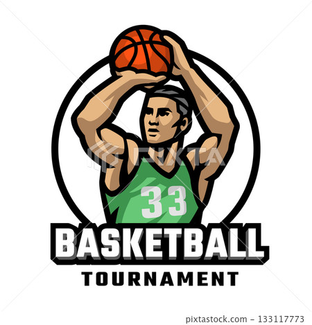 Logo of a basketball player with a ball in his hands. 133117773