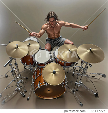 Muscular man playing drums with intensity. A shirtless man sits behind a drum set, playing intensely. He has long hair and is wearing gray shorts.  133117774