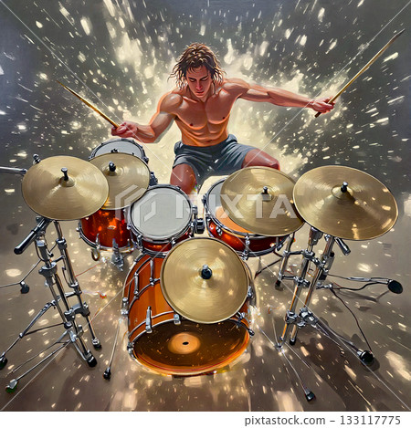 Dynamic drum solo with explosive light. A dynamic portrayal of a male drummer energetically playing a drum set, surrounded by an explosion of light. 133117775