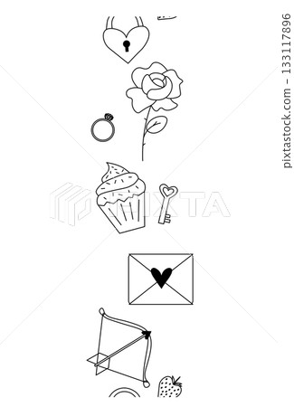 Valentine's Day seamless border vertical. Vector graphic line black and white illustration. Envelope, rose, ring, cupcake, cherry Banner, poster, wrapping paper, sticker, print, modern textile Valentine's Day seamless border vertical. Vector graphic line black and white illustration. Envelope, rose, ring, cupcake, cherry Banner, poster, wrapping paper, sticker, print, modern textile 133117896